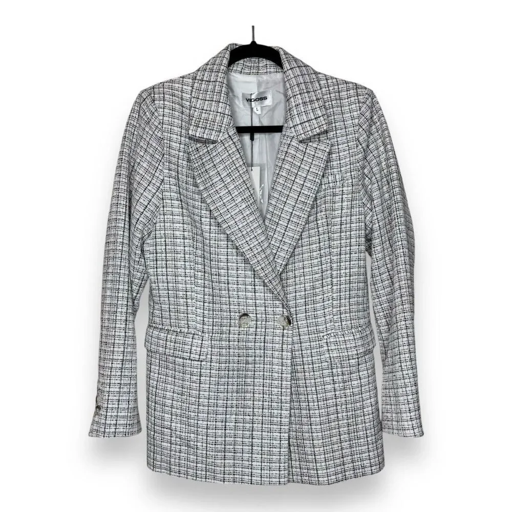 Vigoss Womens Blazer Jacket Plaid Tartan Ivory Brown Brown 1 Button‎ Front Large
